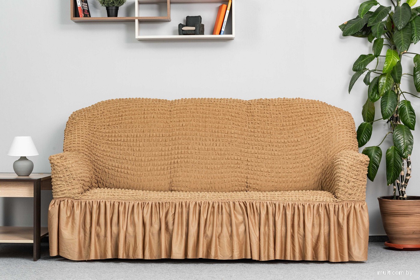 Комплект чехлов для дивана и кресла Софатэкс Стандарт КПО 4 с оборкой (кофе с молоком)
