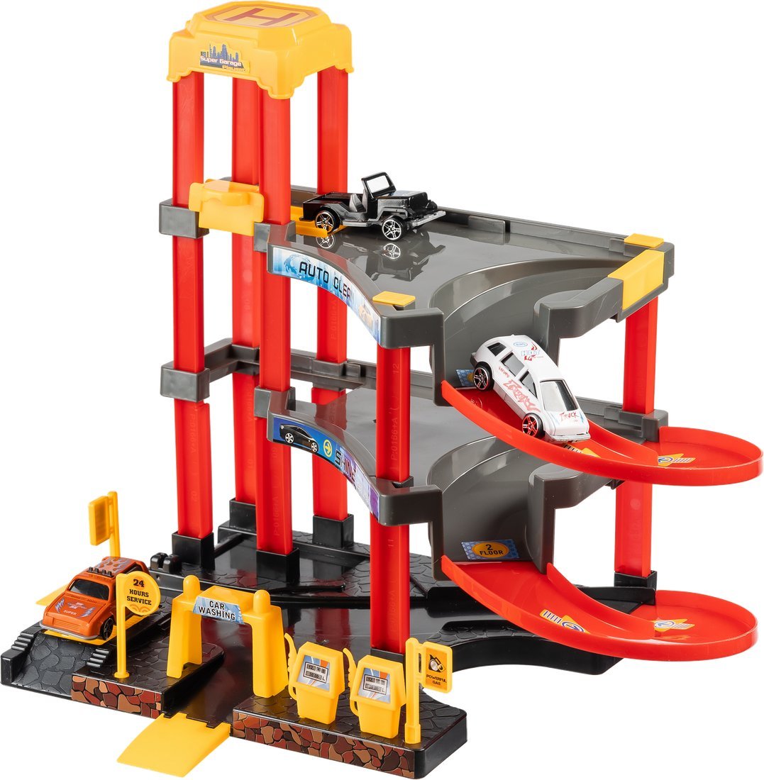 Детские автотреки, трассы Labalu 3-уровневый с дорогой и автомобилями P3488A-1 (красный, 3 машинки)