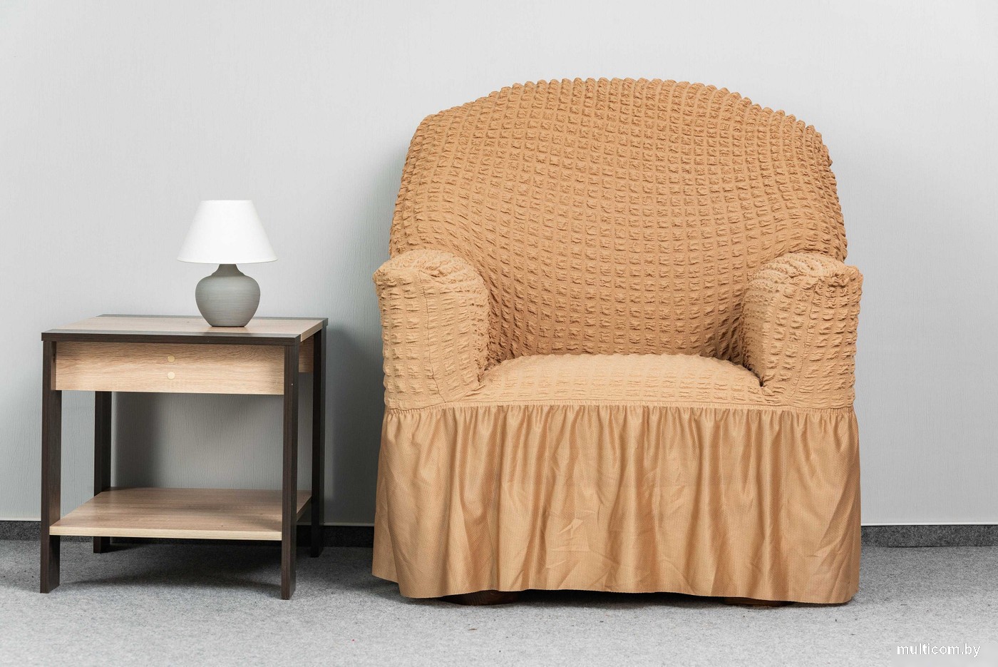 Комплект чехлов для дивана и кресла Софатэкс Стандарт КПО 4 с оборкой (кофе с молоком)