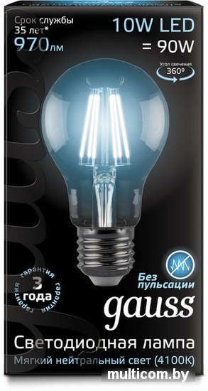 Светодиодная лампа Gauss Filament A60 E27 10 Вт 4100 К 102802210