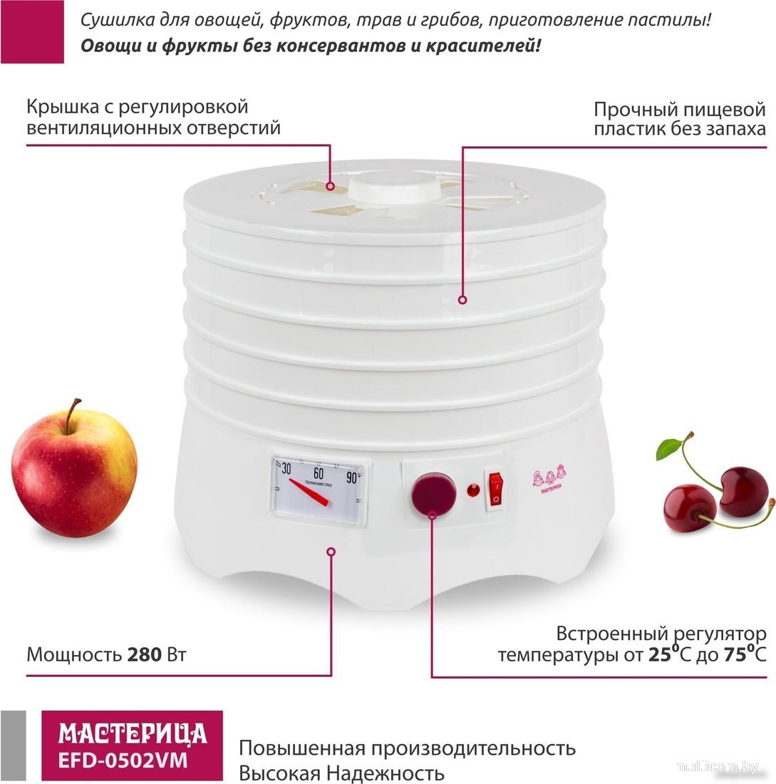 Сушилка для овощей и фруктов Мастерица EFD-0502VM (5 поддонов и 1 поддон для пастилы)