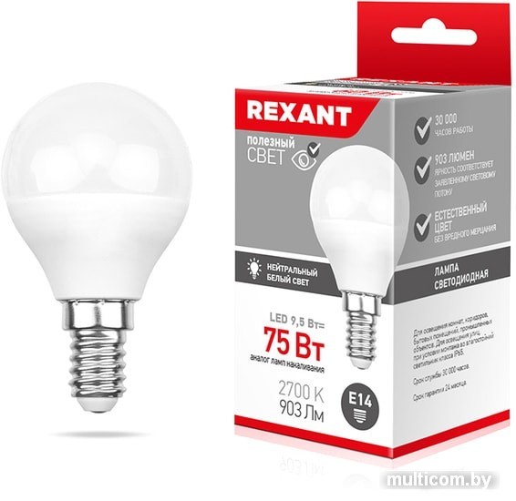 Светодиодная лампа Rexant G45 E14 9.5 Вт 2700 К 604-037