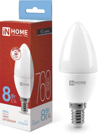 Светодиодная лампочка In Home LED-Свеча-VC 8Вт 230В Е14 6500К 760Лм 4690612024806