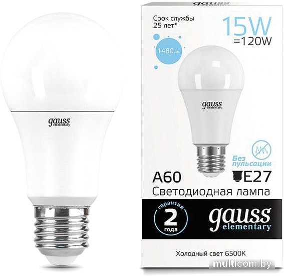 Светодиодная лампа Gauss LED Elementary A60 15W E27 6500K 23235