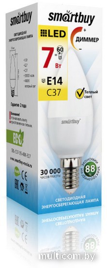 Светодиодная лампа SmartBuy С37 E14 7 Вт 3000 К (диммируемая) [SBL-C37D-07-30K-E14]